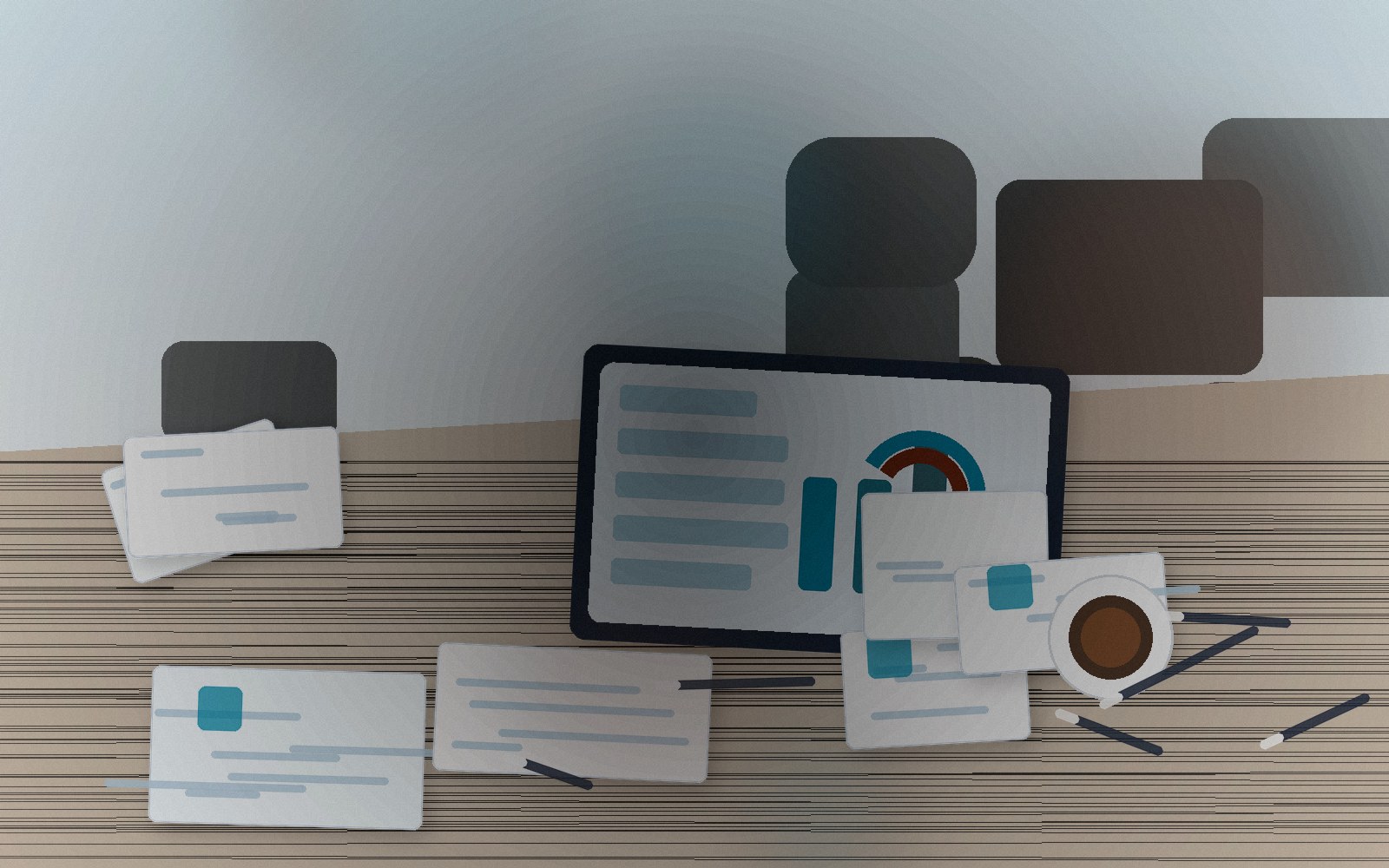 Vue de bureau avec documents, ordinateur et processus administratif